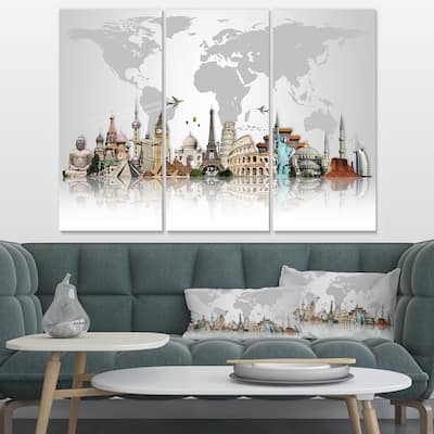 Famous Monuments Across World - Art Canvas Print - Grey