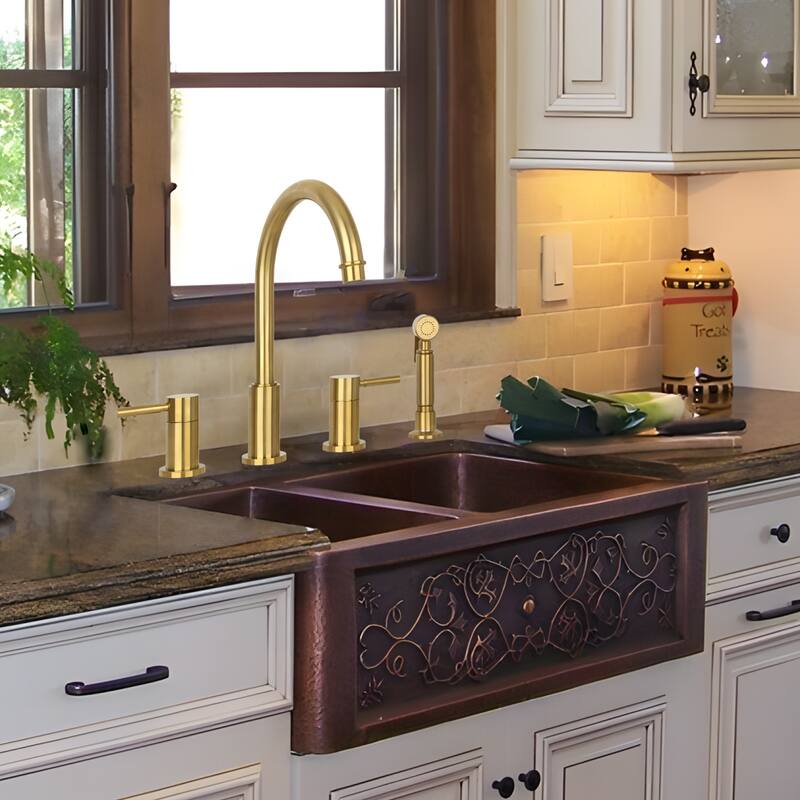 Two-Handles Copper Widespread Kitchen Faucet with Side Sprayer