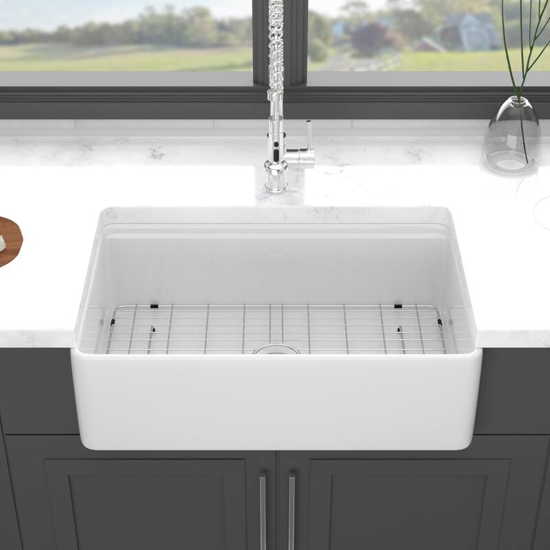 Farmhouse Sink Workstation - Ceramic Single Bowl Farm Kitchen Sink - White