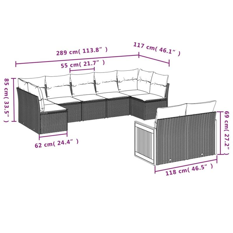 vidaXL 9 Piece Patio Sofa Set with Cushions Black Poly Rattan