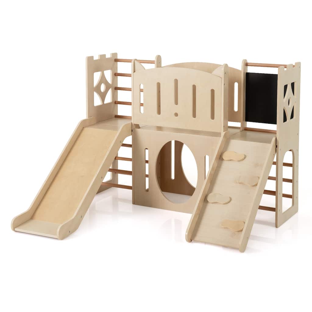 Wooden 8 in 1 Kids Indoor Playset with Slide Climbing Ramp Chalkboard and Storage Castle Activity Center for Toddlers