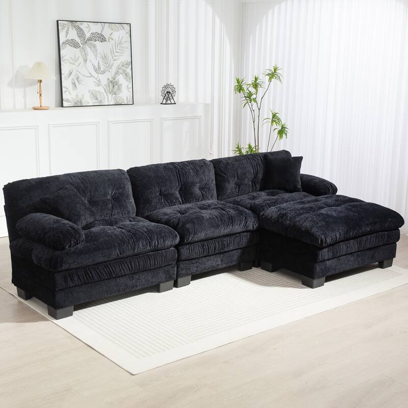 3-seat L Shaped Modular Sleeper Sofa, Dual-Layer Cushioning, Ottoman, 2 Pillows - Black for Living Room
