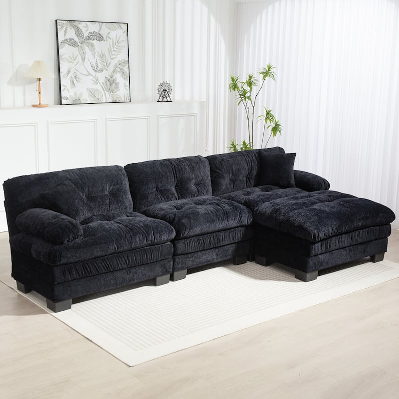 Modern 3 Seat L Shaped Modular Sectional Sofa with Chenille Upholstery and Ottoman for Living Room and Guest Room - Black