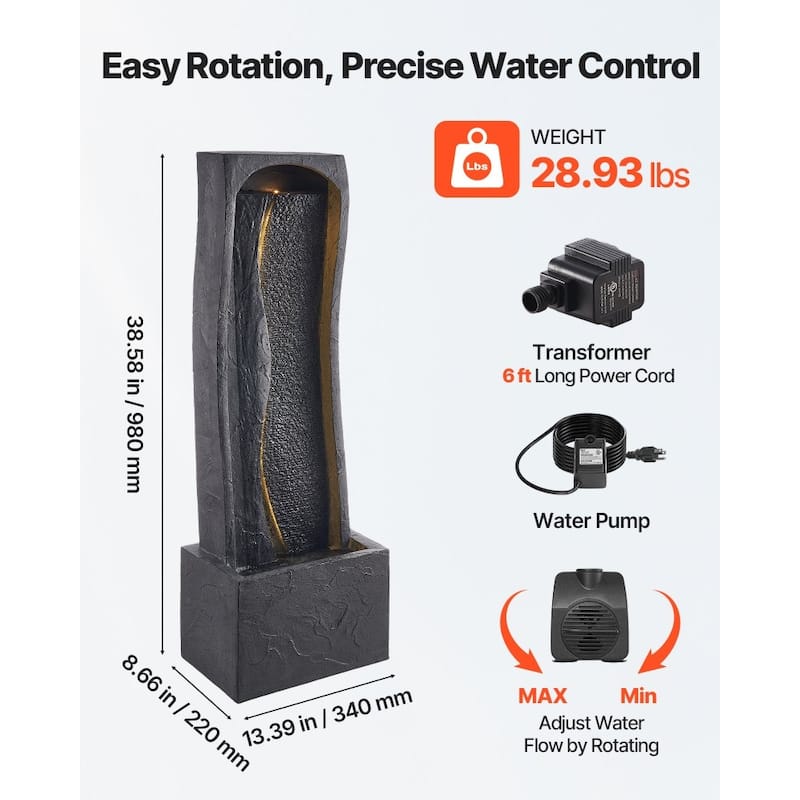 Modern Outdoor LED Lights Water Fountain with Vertical Rock-Base Design and Weather-Resistant - 13.39 x 8.66 x 38.58 in