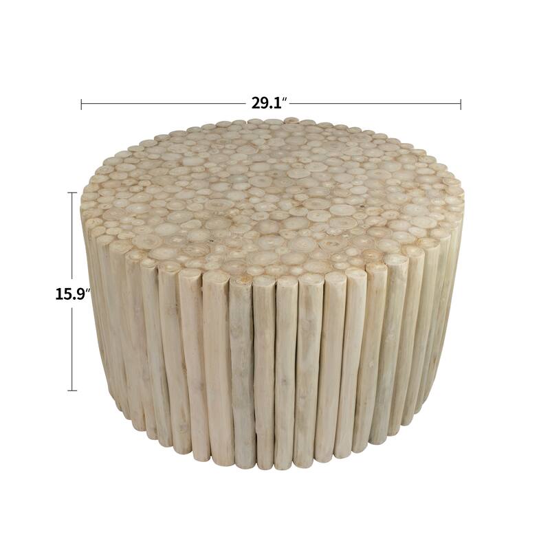 Handcrafted Round Teak Wood Log Coffee Table Accent Side Table