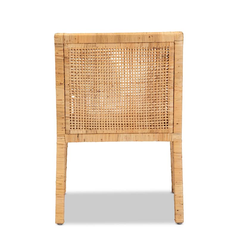 Karis Rattan Dining Chair - Handwoven Wicker Armchair with Mahogany Wood, Coastal Boho Style Indoor Seating