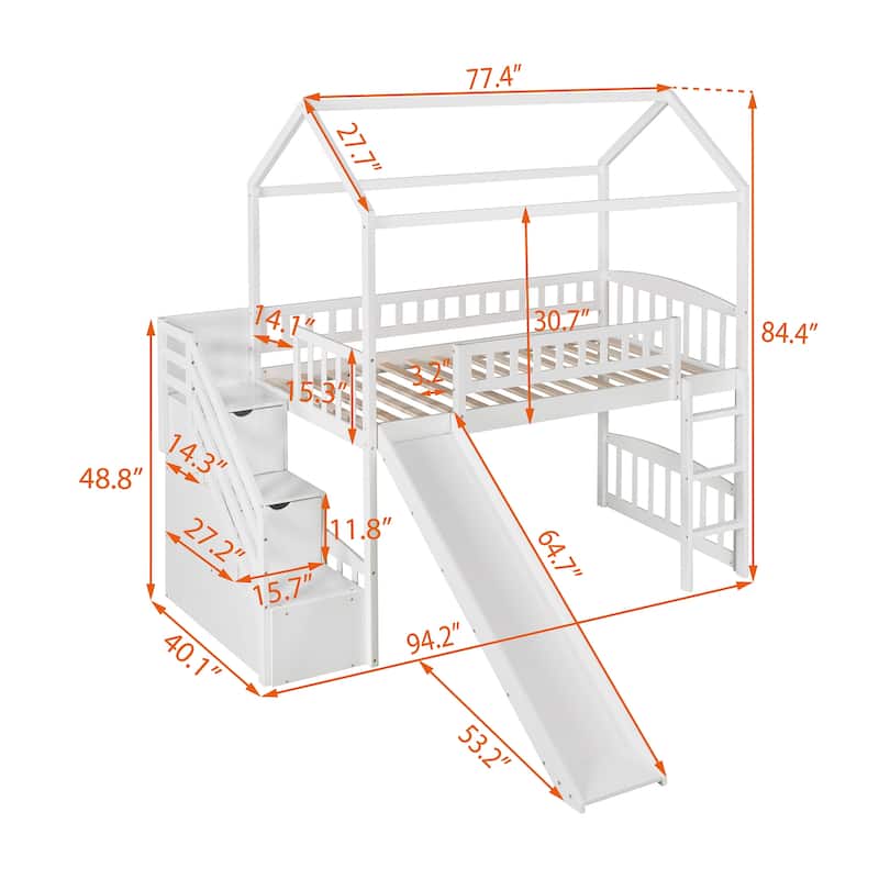 Twin Size Playhouse Loft Bed with Storage Stairs, Ladder and Slide