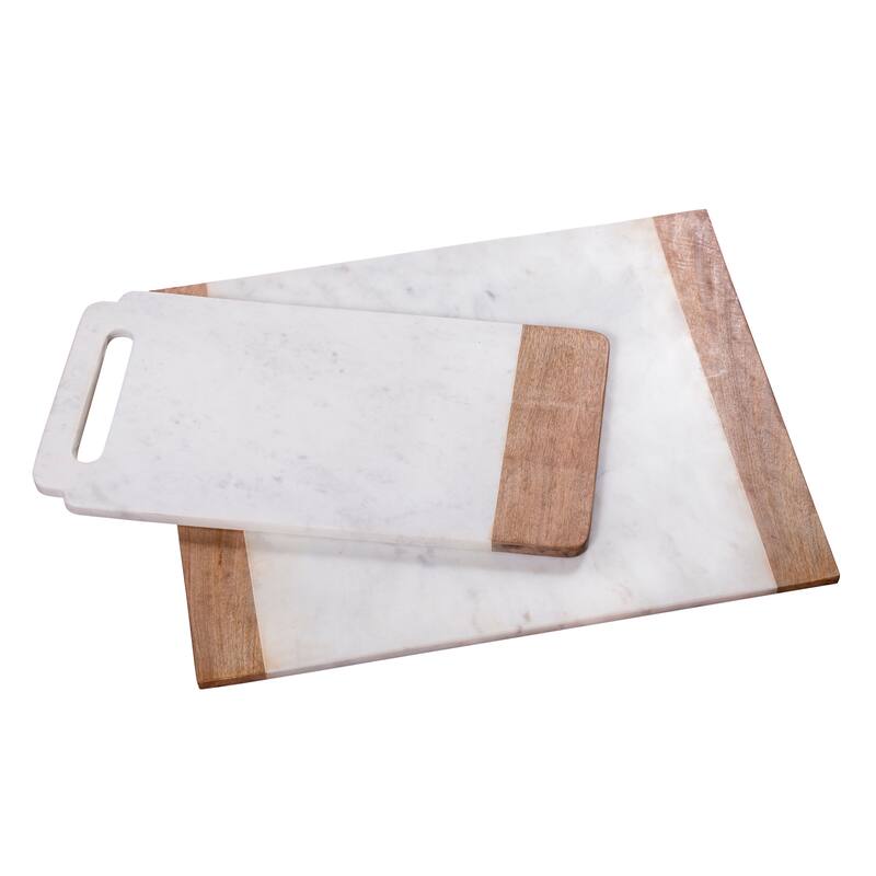 Creative Home Off-White Marble with Mango Wood Pastry Cheese Board Set (Set of 2) - White