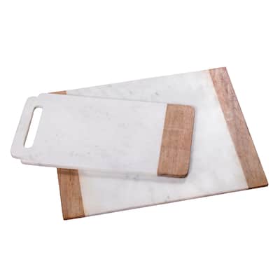 Creative Home Off-White Marble with Mango Wood Pastry Cheese Board Set (Set of 2)