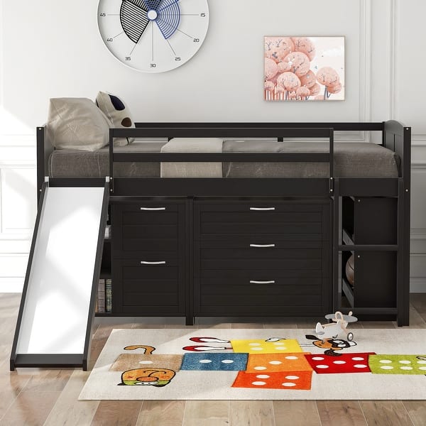 slide 2 of 60, Maximized Storage Space Low Loft Bed with Drawers, Shelves and Slide, Twin Size