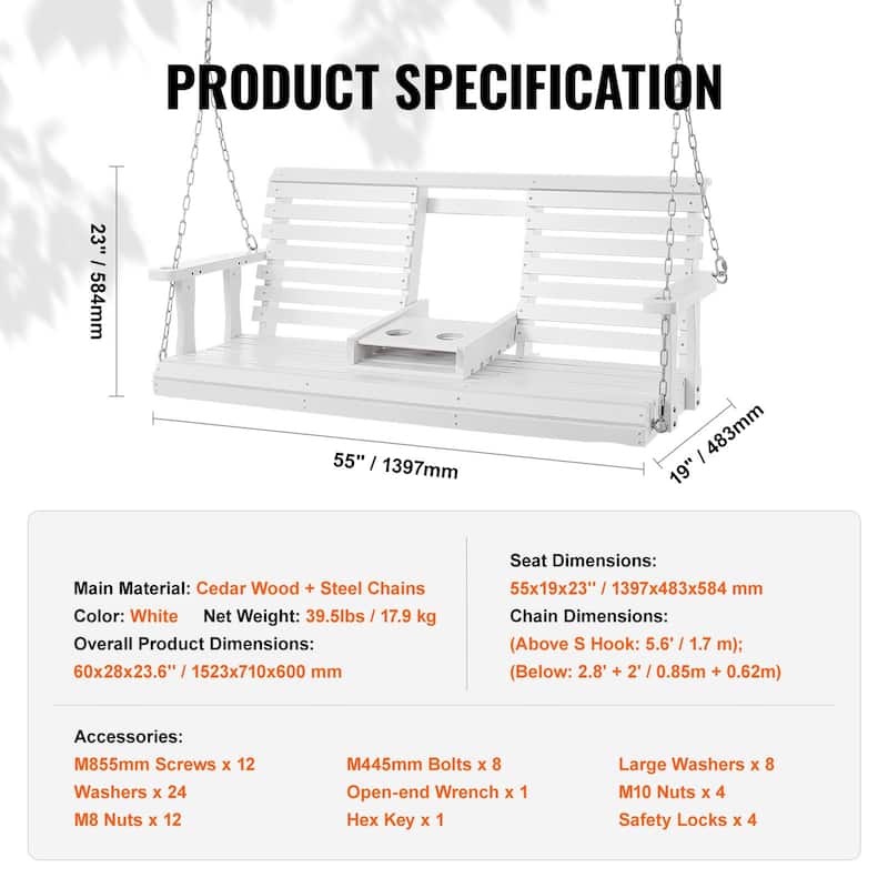 White Cedar Wood Porch Swing with Steel Chains and Cup Holder - 60” L x 28” W x 23.6” H