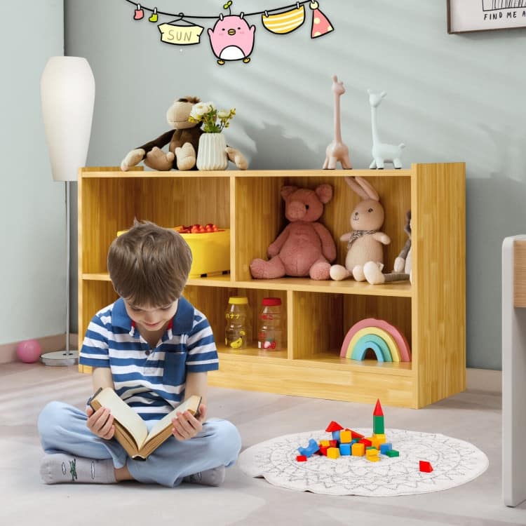 Children's Wooden Toy Storage Cabinet with 2 Shelves and 5 Cubes - 44" x 12" x 24" (L x W x H)