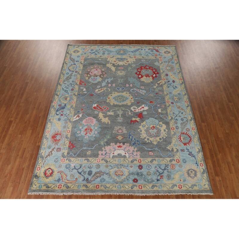 Gray Floral Oushak Oriental Area Rug Hand-Knotted Wool Carpet - 9'0"x 11'9"