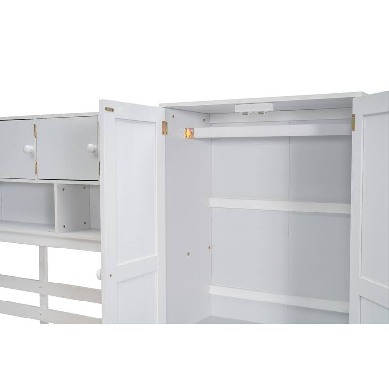White Full Size Wooden Loft Bed with Integrated Wardrobe, Under-bed Desk, Drawers, with Shelves