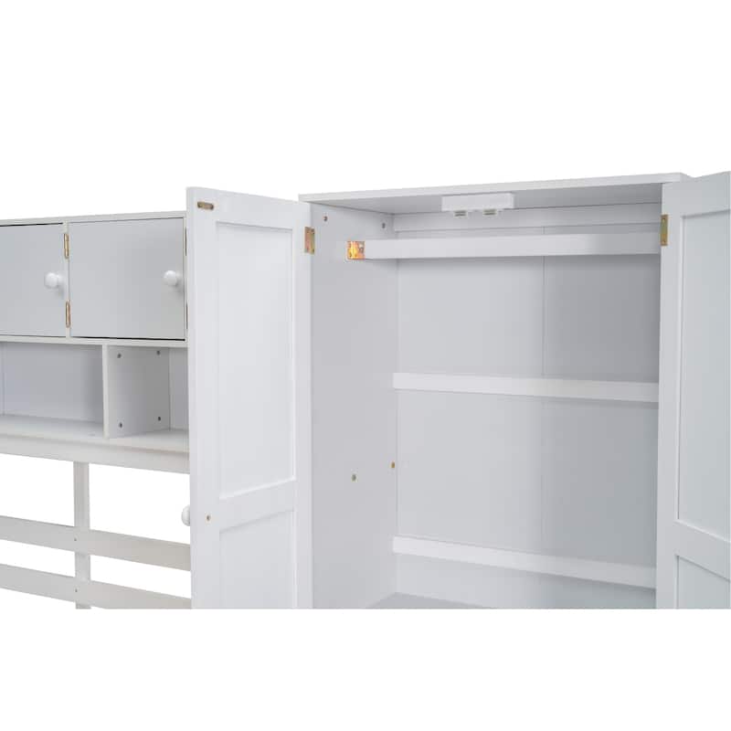 Wooden Loft Bed with Integrated Wardrobe, Under-bed Desk, Drawers, with Shelves