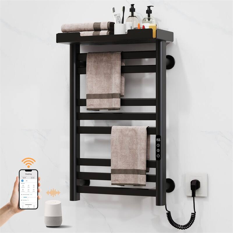 Heated Towel Rack with Shelf and Wi-Fi App Control - Black