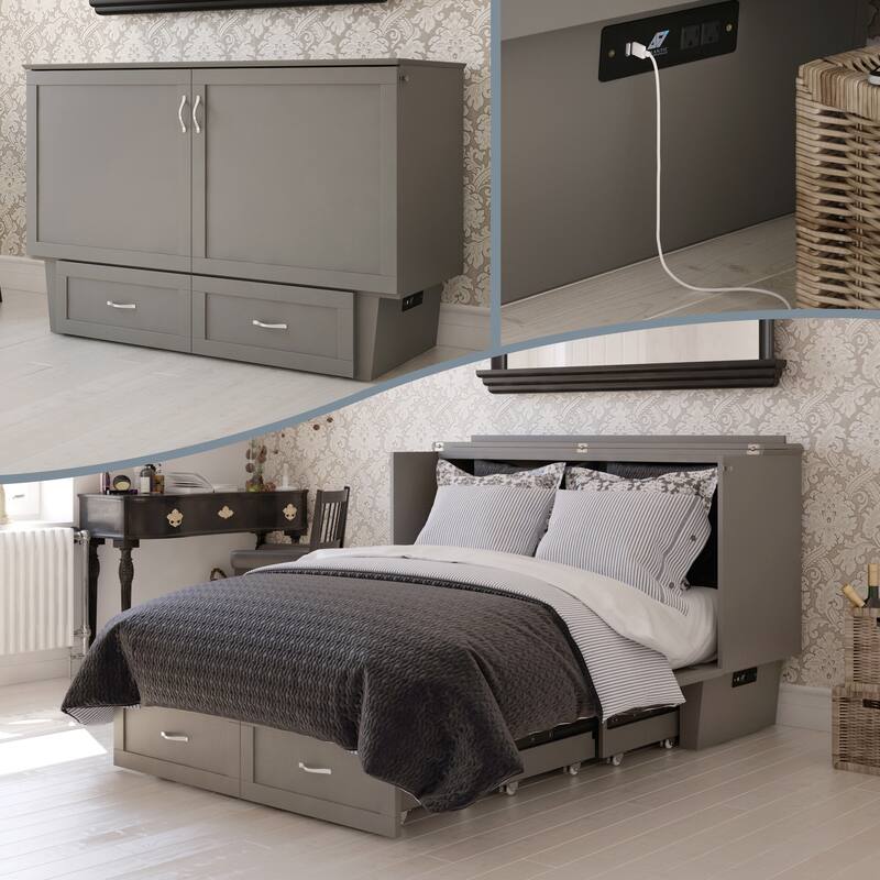 Murphy Bed Chest Grey Memory Foam Queen Bed Space Saving Furniture Charging Station