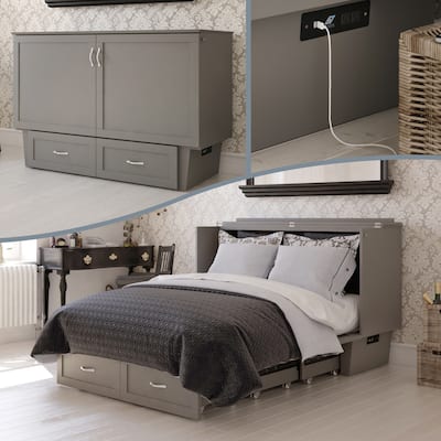 Murphy Bed Chest Grey Memory Foam Queen Bed Space Saving Furniture Charging Station