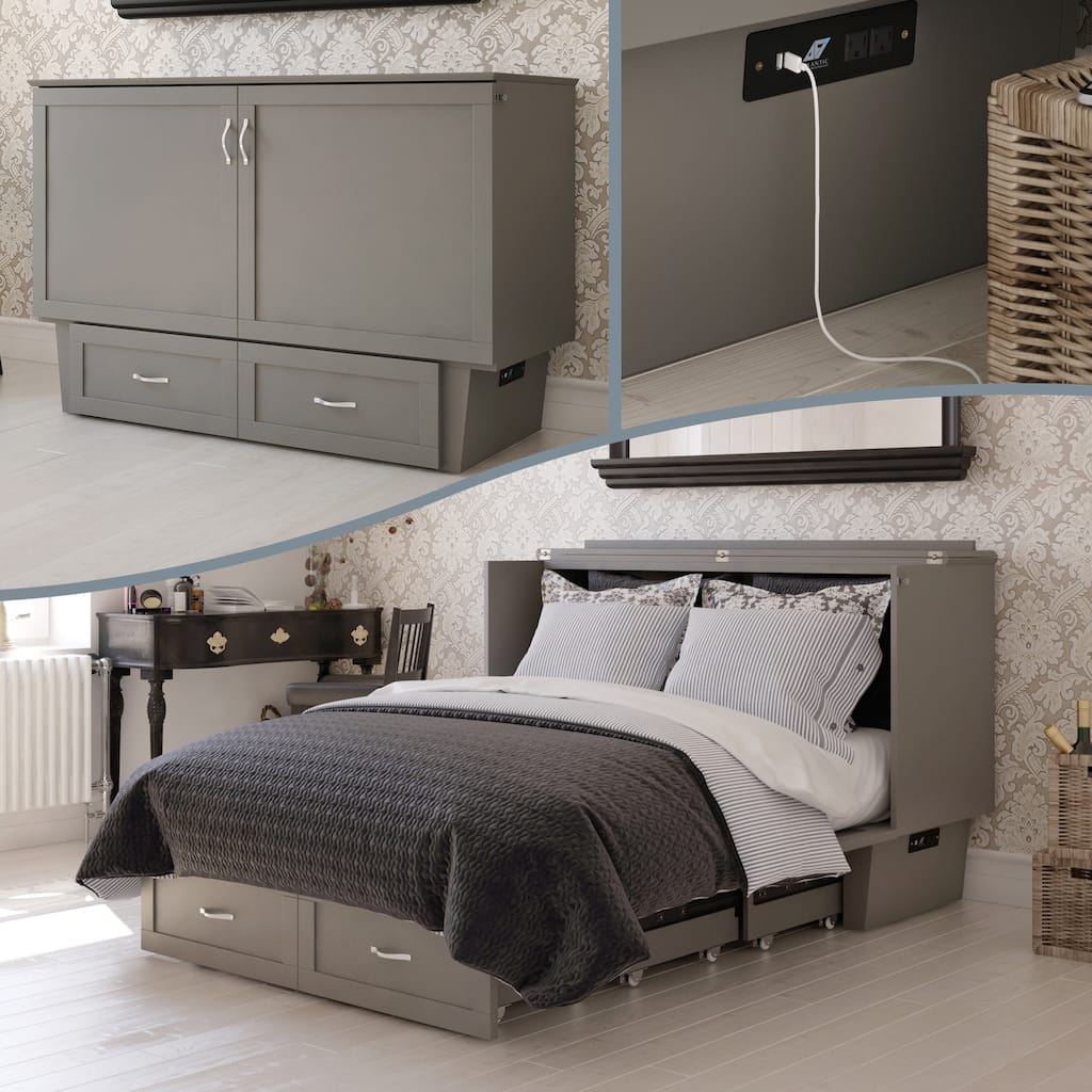 Murphy Bed Chest Grey Memory Foam Queen Bed Space Saving Furniture Charging Station