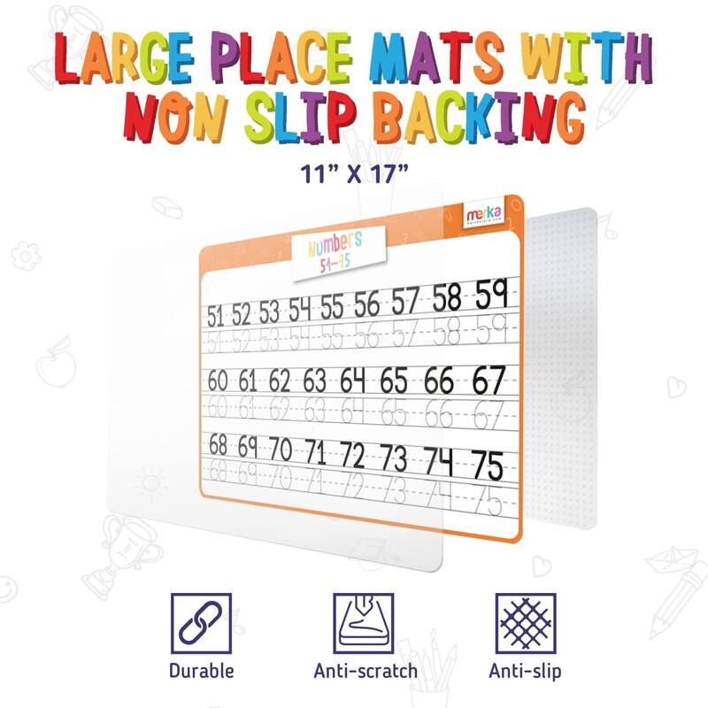 Merka 4 Pack Educational Placemats for Kids with 7 Dry Erase Markers, Numbers 1-100