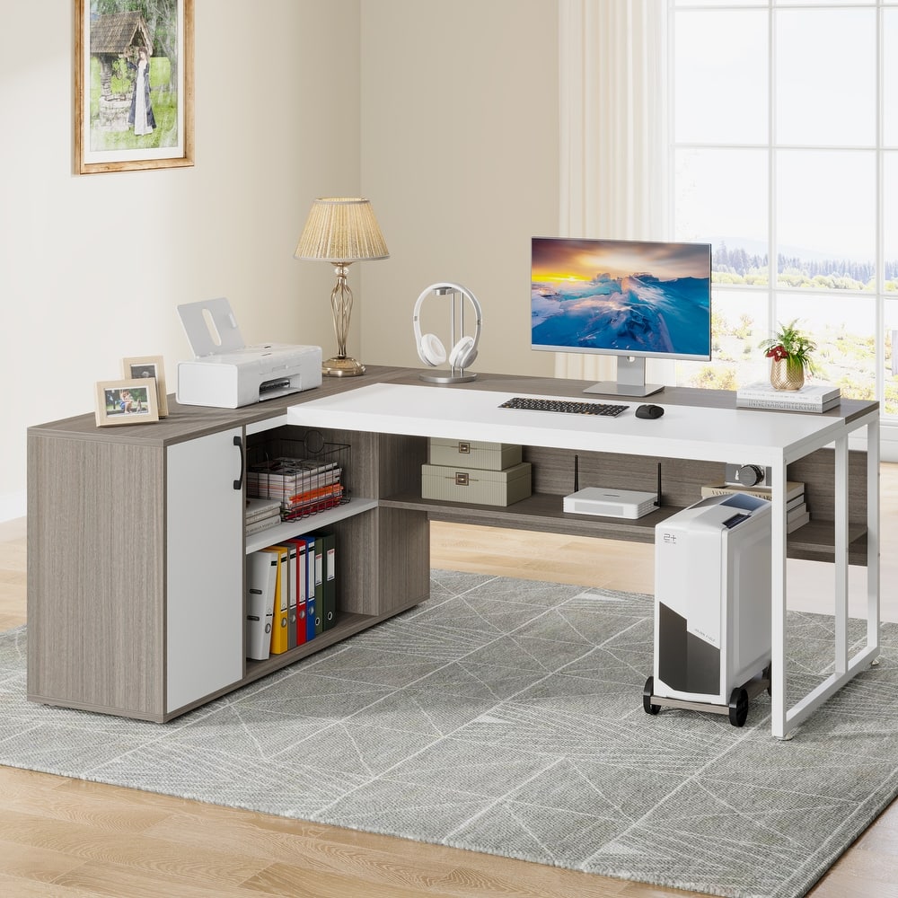 71 inch L Shaped Executive Desk with Cabinet, Corner Computer Desk (Rustic Brown)
