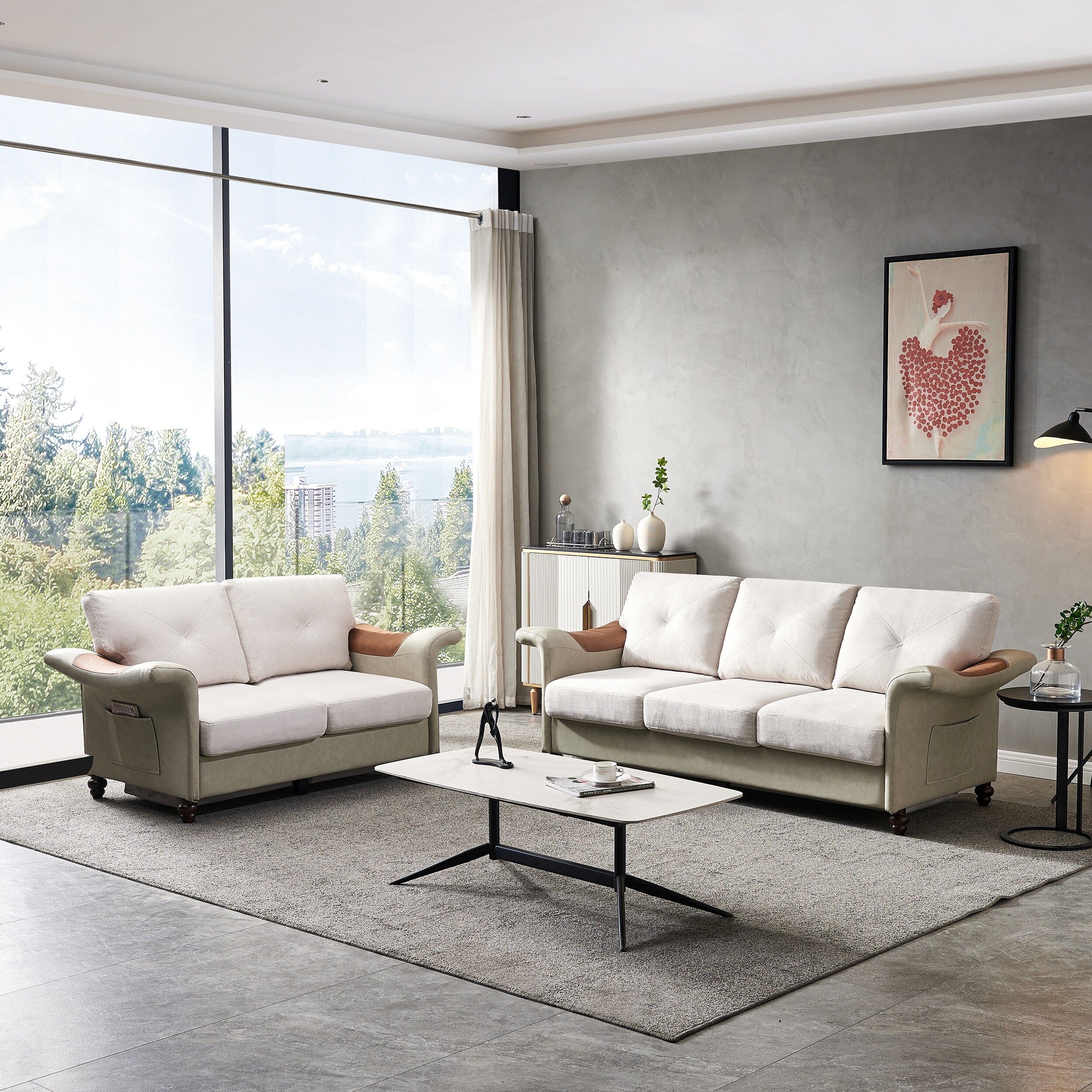 Linen Fabric Faux Leather Love seat and Sofa Set with Storage