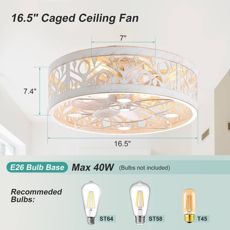 16.5in Vintage Distressed White Flush Mount Caged Ceiling Fan with Remote Light(7-Blade)
