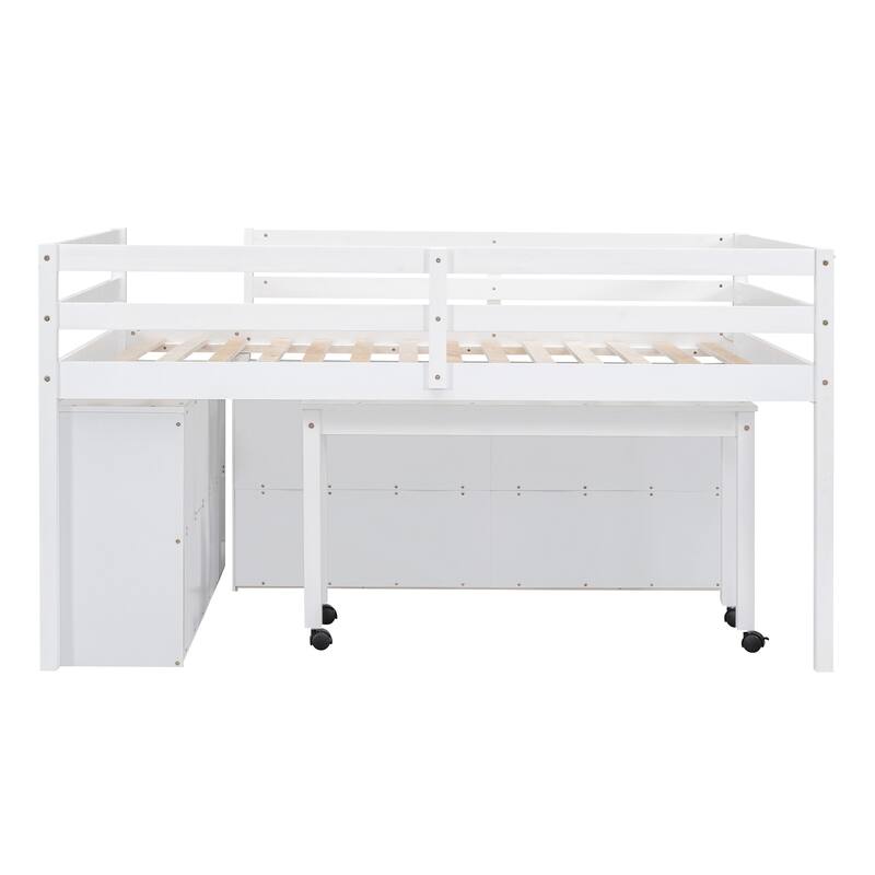 Full Size Loft Bed with Retractable Desk and Storage Drawers, White