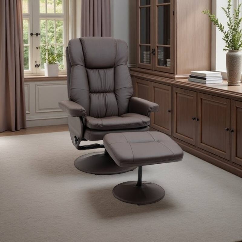 High-Back PU Leather Swivel Recliner with Adjustable Backrest, Footrest Ottoman, and Sturdy Wrapped Base for Living Room - Brown