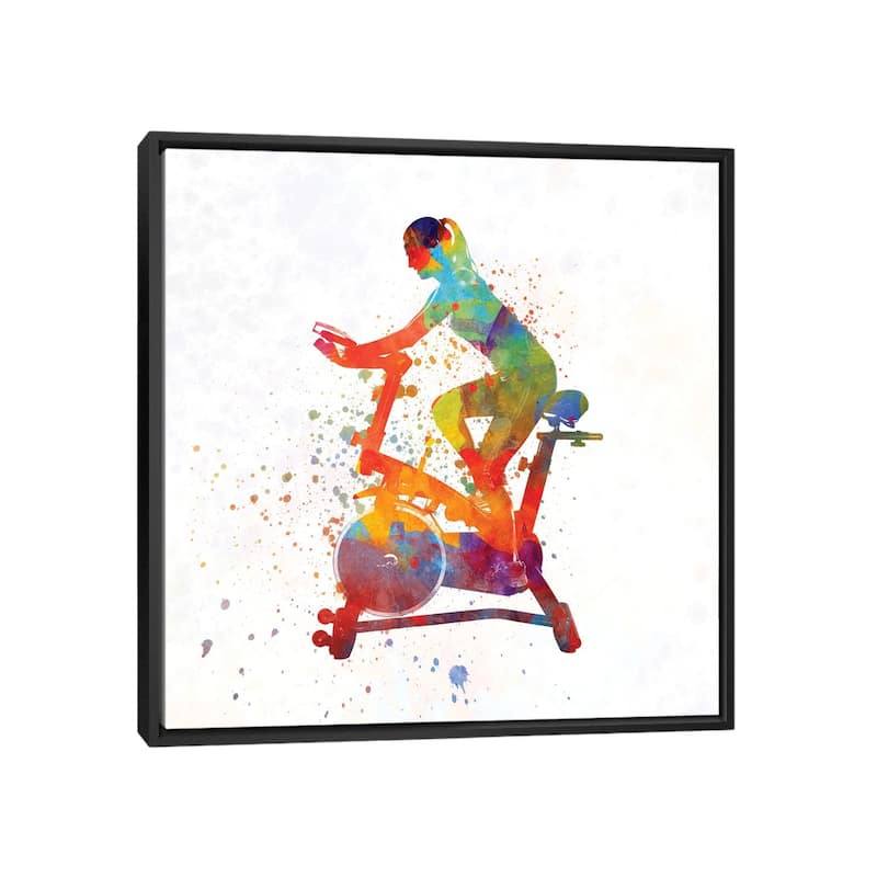 iCanvas "Woman Riding An Exercise Spin Bike In The Gym" by Paul Rommer Framed Canvas Print - Black - 18x18