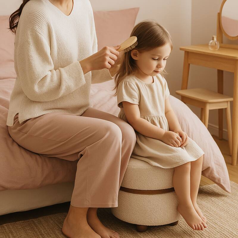 Double Pouf Round Upholstered Vanity Stool and Ottoman Foot Rest