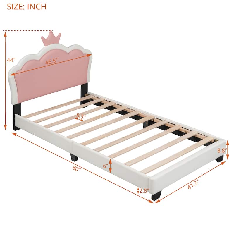 Cute Twin Upholstered Princess Bed Frame with Crown Headboard, Twin Bed