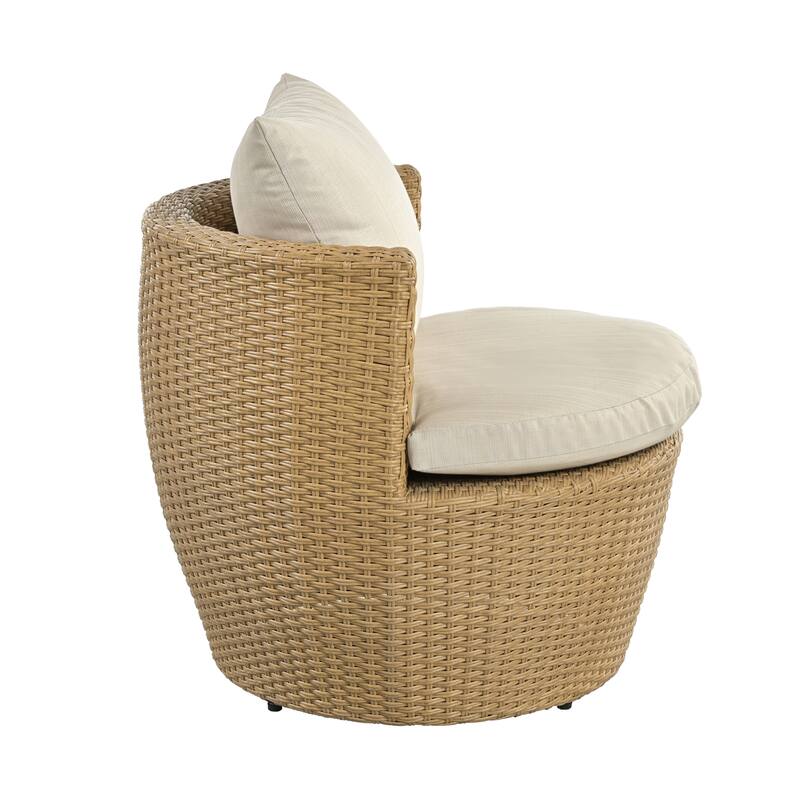 Roomfitters Outdoor Chat Set 3 Piece Boho Faux Wicker Glass Top Table Cushioned, Light Brown