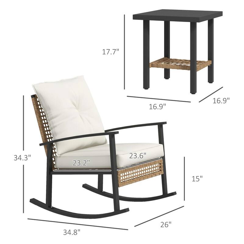 3-Piece Wicker Set, Rocking Chairs with Tufted Cushions,Coffee Table