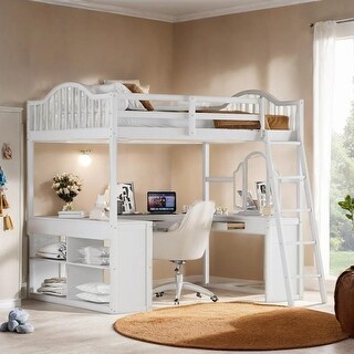 Elegant Full Wooden Loft Bed with U-shaped Desk, Storage Compartments and Tri-fold Mirror, Efficient Workspace, White