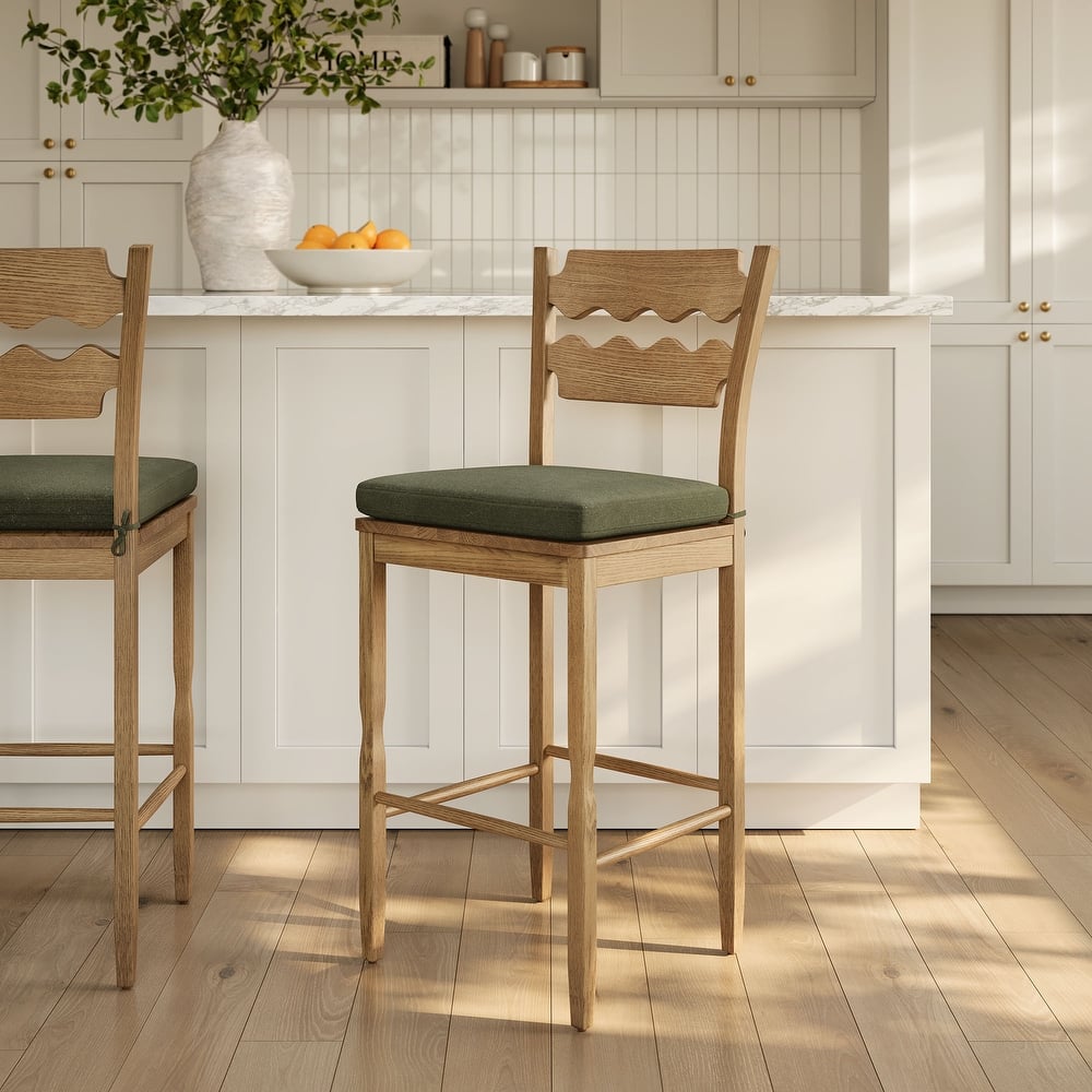 Jax Oak Wood Bar Stool With Wavy Razor Back and Cushion