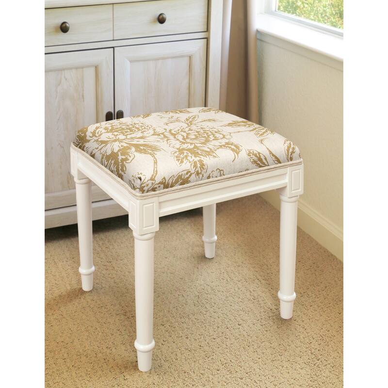 Tan Peony Vanity Stool with White Frame