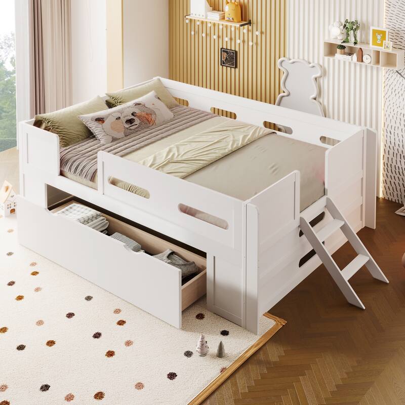 Roomfitters Full/Twin Size Wood Platform Bed with Underbed Storage Drawer and Safety Guardrails, Modern Low Loft Frame