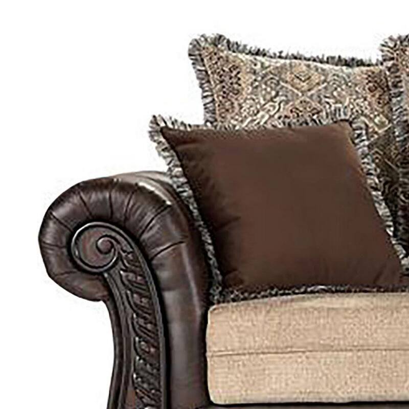 Miva Sofa 93 Inch w Pillows, Classic Rolled Arms, Brown Faux Leather