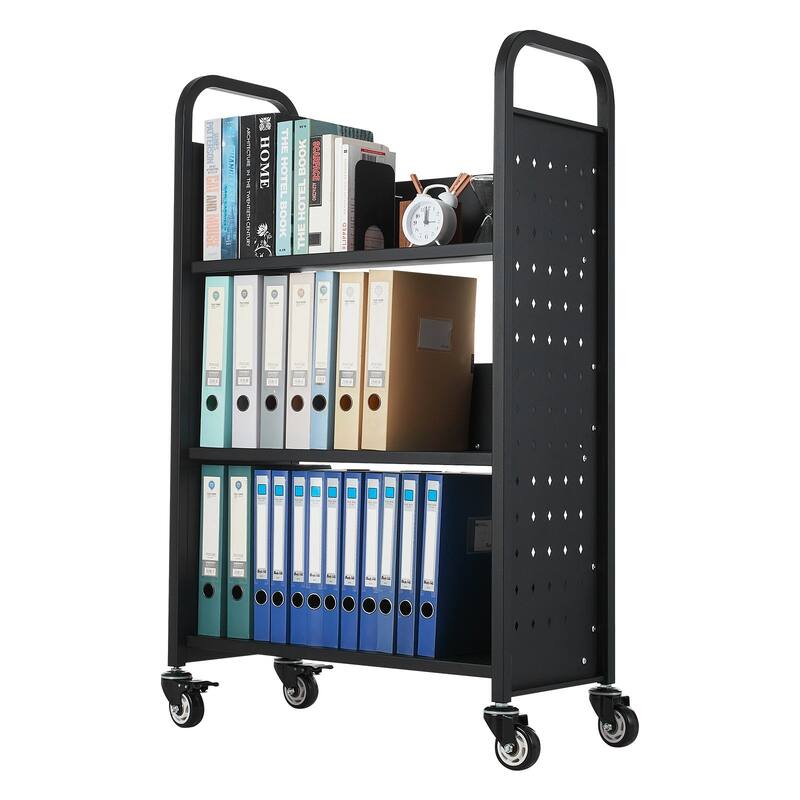 Black 3-Tier Rolling Book Cart with Locking Casters and Large Capacity - 30.3 x 15 x 48.0 in