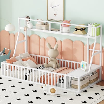 Twin Size Metal Floor Bed Frame with Safety Fence, Desk and Storage Shelves, Kids Playhouse, White