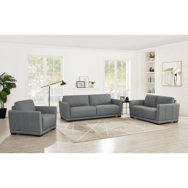 Hydeline Mary Top Grain Leather Sofa Loveseat and Chair Set with Memory Foam and Springs - Slate Gray