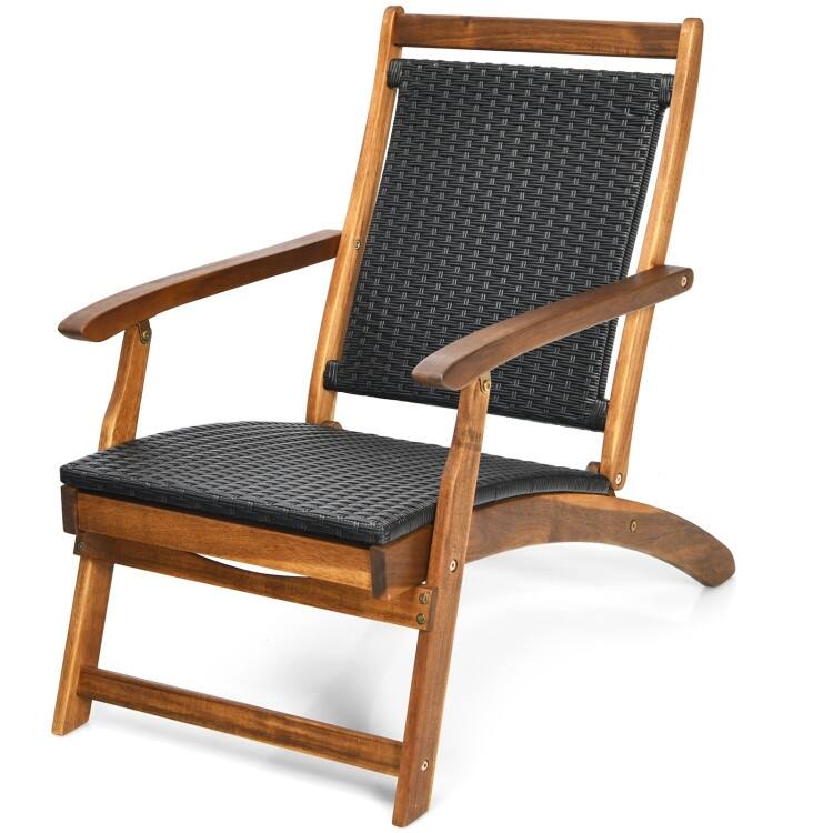 Patio Rattan Folding Lounge Chair with Acacia Wooden Frame Retractable Footrest - 24" x 51.5" x 32.5"(L x W x H)