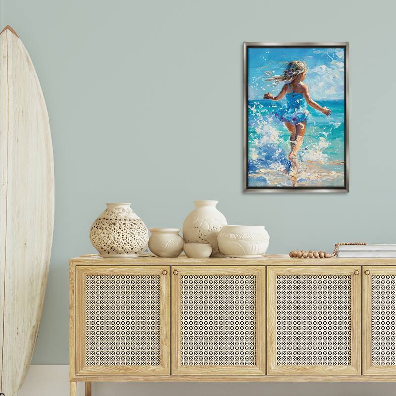 Stupell Girl Splashing on Shore Framed Floater Canvas Wall Art Design By LSR Design Studio