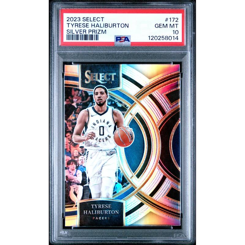 Tyrese Haliburton 2023 Panini Select Silver Prizm Basketball Card #172 Graded PSA 10 Cert # 120258014 - 8' x 11'