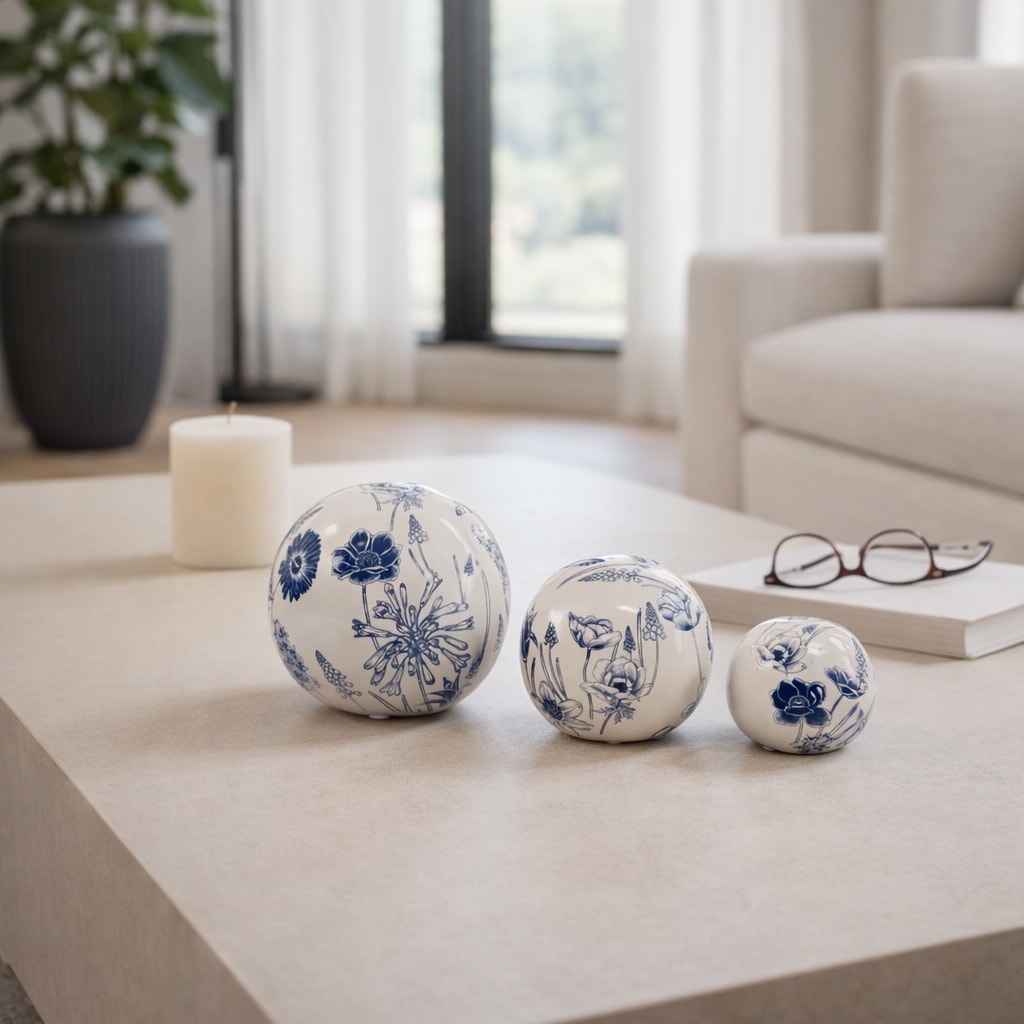 Objects Set of 3 - Blue/Ivory Ceramic Floral Orbs, 4/5/6 in. - 6.0"