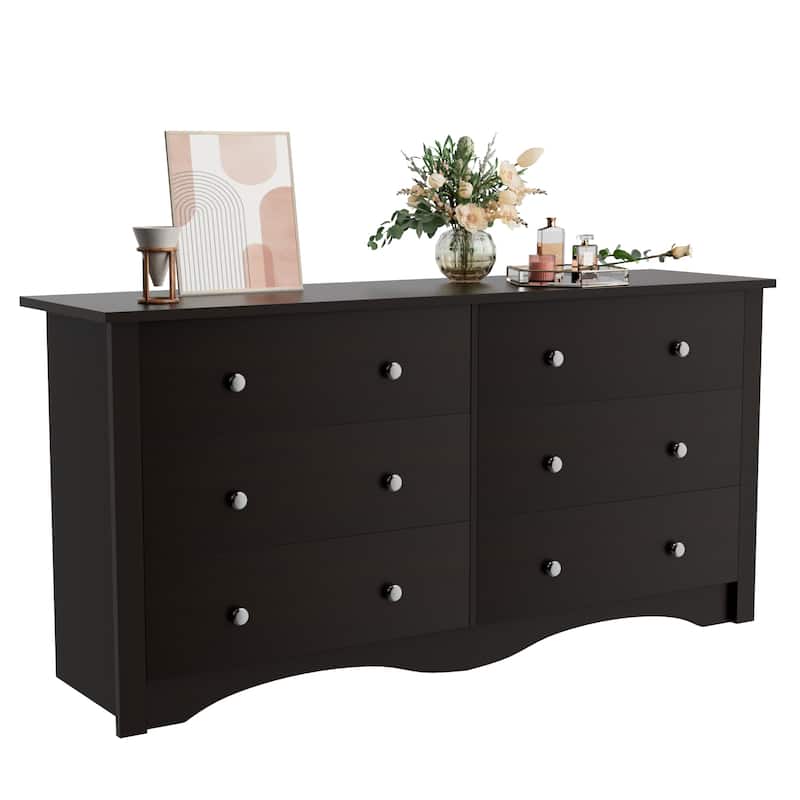 Furniwell 6 Drawer Double Dresser, Modern Wood Chest of Drawer for Living Room Bedroom - Brown