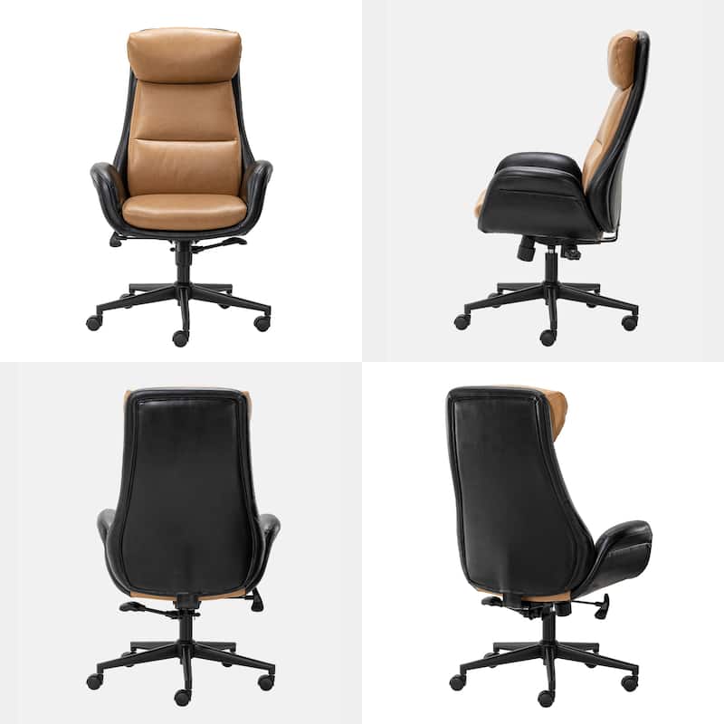 Glitzhome Modern Two-tone Faux Leather and Fabric Combination Gaslift Adjustable Swivel High Back Office Chair with Area Rug