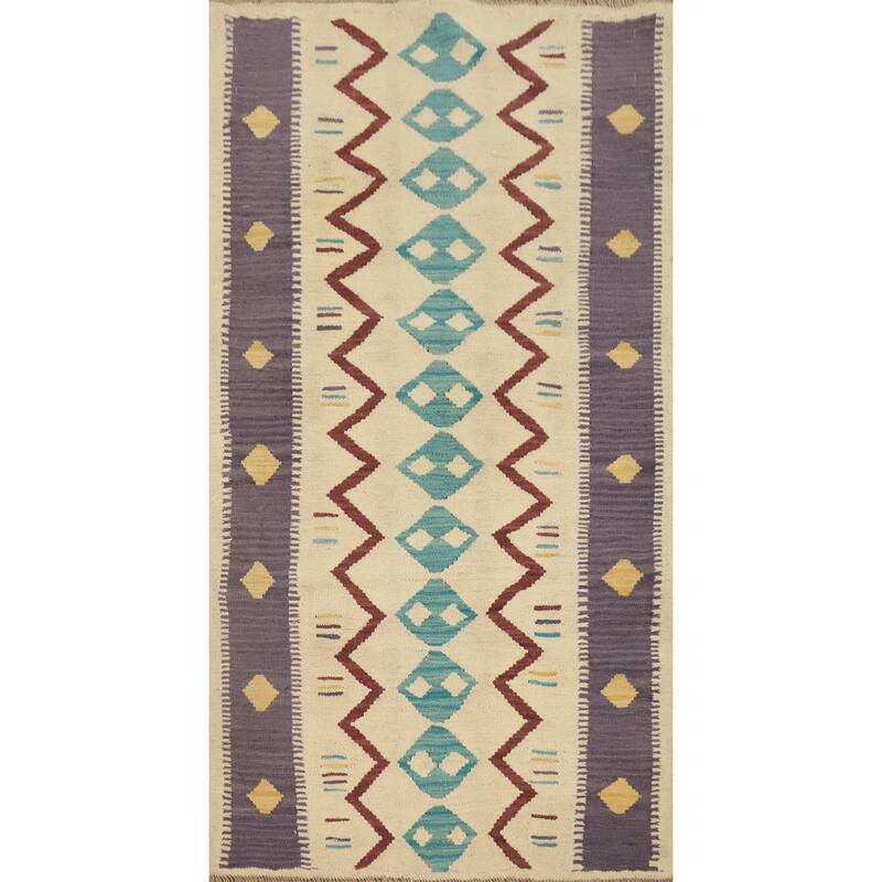 Hand Woven Oriental 100% Wool Carpet Southwestern Tribal Beige & Ivories Kilim Area Rug - 4' 10'' X 2' 10''