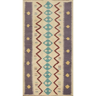 Hand Woven Oriental 100% Wool Carpet Southwestern Tribal Beige & Ivories Kilim Area Rug - 4' 10'' X 2' 10''